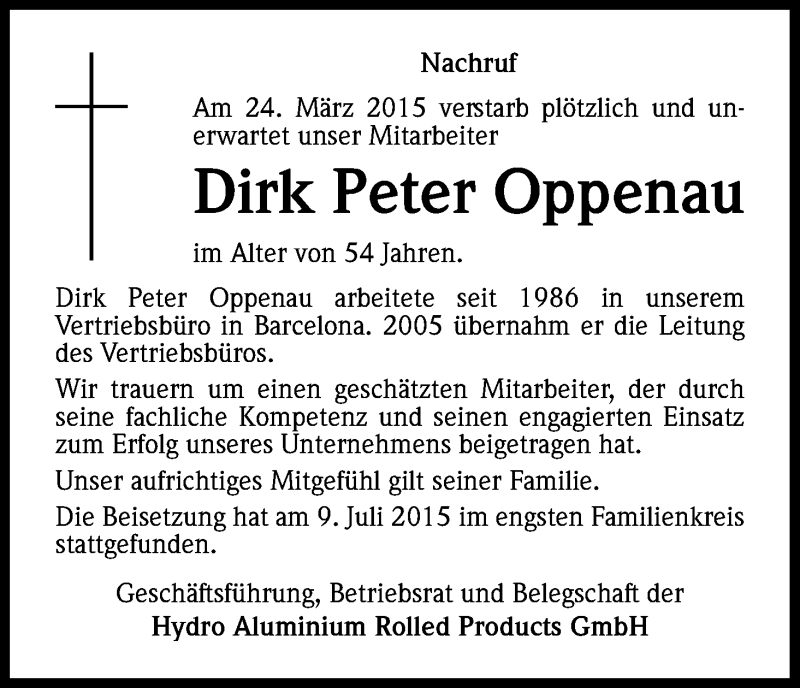  Traueranzeige für Dirk Peter Oppenau vom 11.07.2015 aus Kölner Stadt-Anzeiger / Kölnische Rundschau / Express