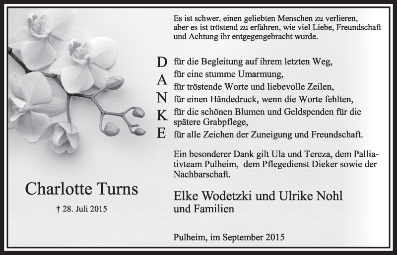  Traueranzeige für Charlotte Turns vom 26.09.2015 aus  Sonntags-Post 