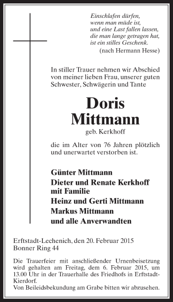 Anzeige von Doris Mittmann von  Werbepost 