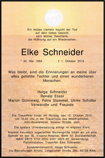 Anzeige von Elke Schneider von Kölner Stadt-Anzeiger / Kölnische Rundschau / Express
