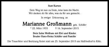 Anzeige von Marianne Großmann von Kölner Stadt-Anzeiger / Kölnische Rundschau / Express