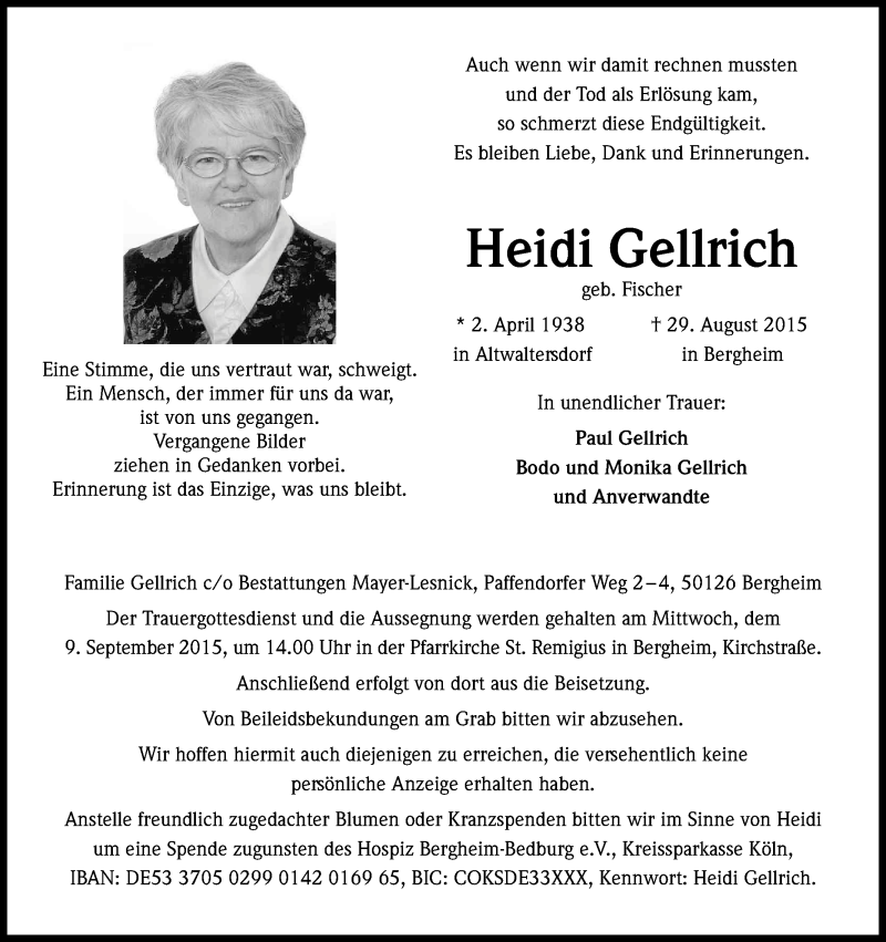  Traueranzeige für Heidi Gellrich vom 05.09.2015 aus Kölner Stadt-Anzeiger / Kölnische Rundschau / Express
