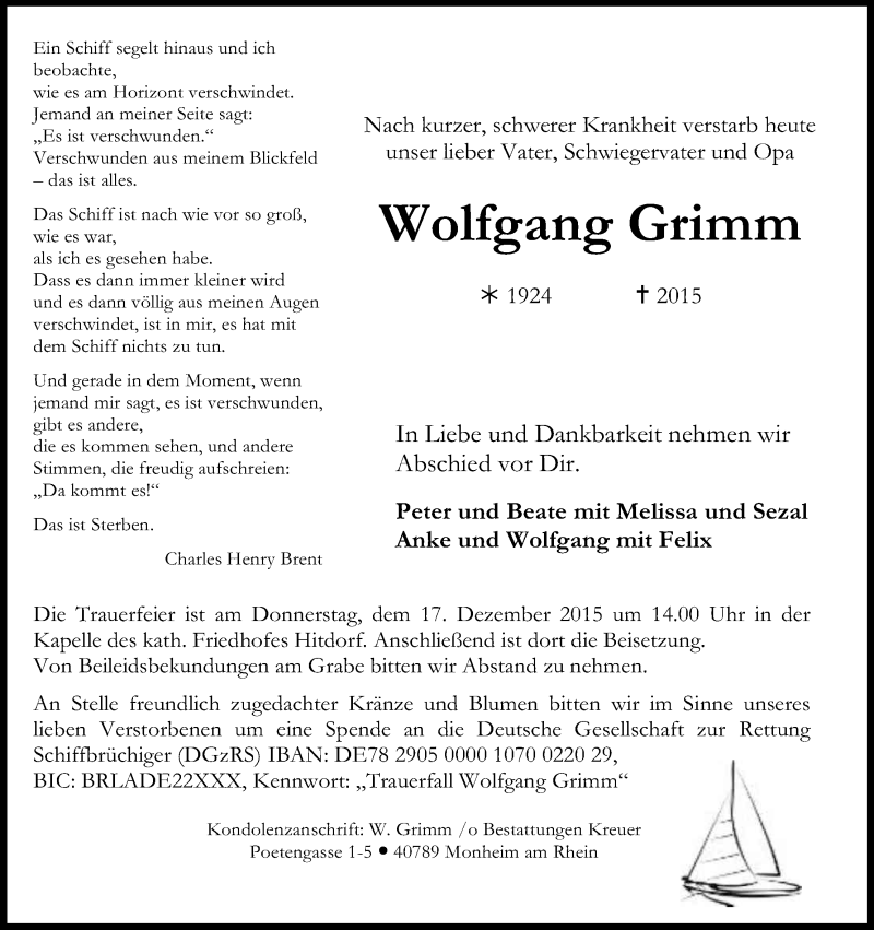  Traueranzeige für Wolfgang Grimm vom 12.12.2015 aus Kölner Stadt-Anzeiger / Kölnische Rundschau / Express