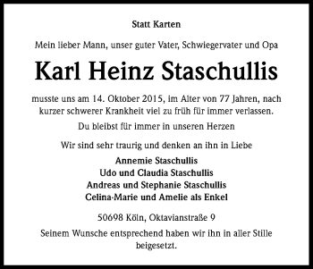 Anzeige von Karl Heinz Staschullis von Kölner Stadt-Anzeiger / Kölnische Rundschau / Express