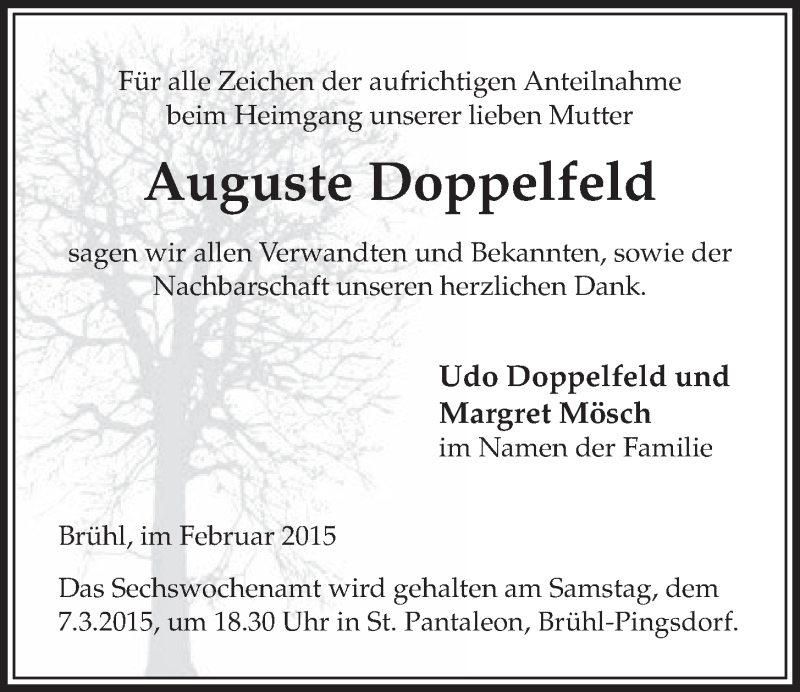  Traueranzeige für Auguste Doppelfeld vom 18.02.2015 aus  Schlossbote/Werbekurier 