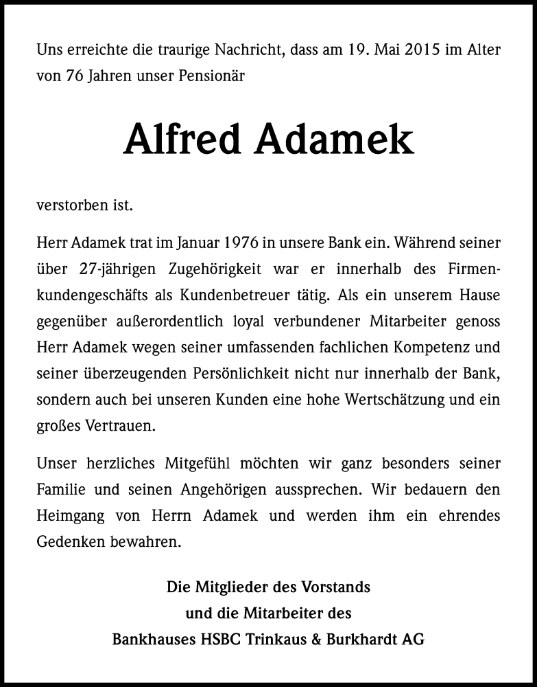  Traueranzeige für Alfred Adamek vom 28.05.2015 aus Kölner Stadt-Anzeiger / Kölnische Rundschau / Express