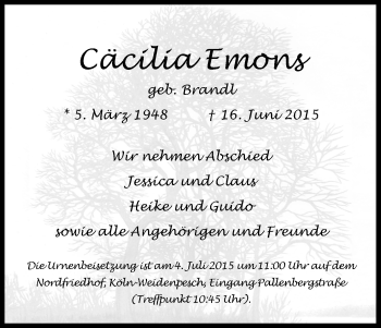 Anzeige von Cäcilia Emons von Kölner Stadt-Anzeiger / Kölnische Rundschau / Express