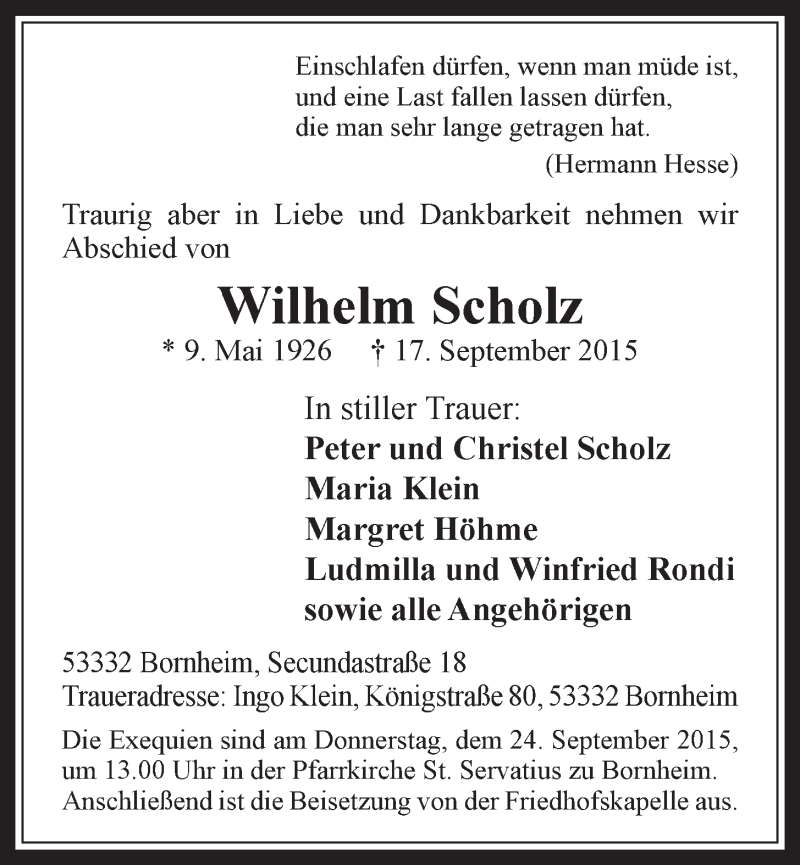  Traueranzeige für Wilhelm Scholz vom 23.09.2015 aus  Schaufenster/Blickpunkt 