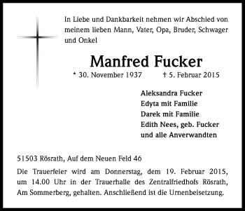 Anzeige von Manfred Fucker von Kölner Stadt-Anzeiger / Kölnische Rundschau / Express