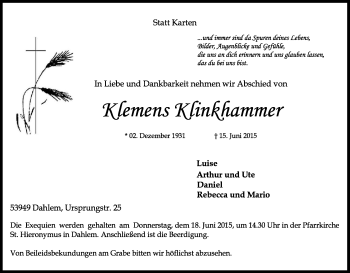 Anzeige von Klemens Klinkhammer von Kölner Stadt-Anzeiger / Kölnische Rundschau / Express