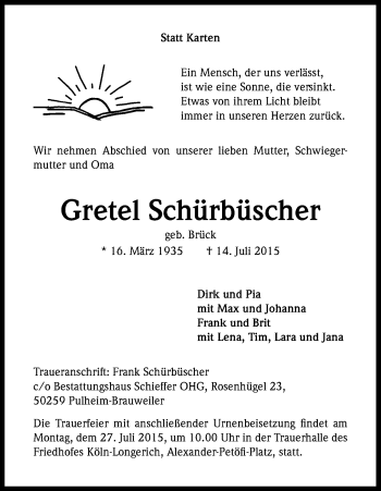 Anzeige von Gretel Schürbüscher von Kölner Stadt-Anzeiger / Kölnische Rundschau / Express