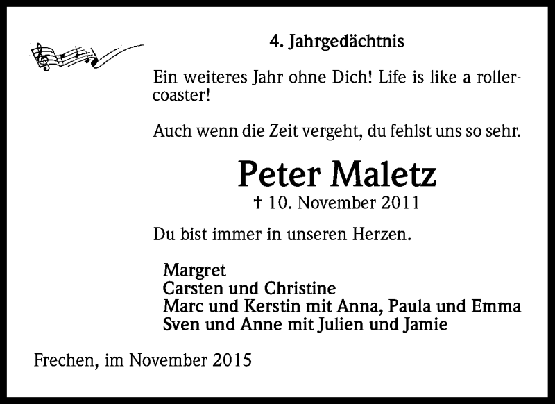  Traueranzeige für Peter Maletz vom 10.11.2015 aus Kölner Stadt-Anzeiger / Kölnische Rundschau / Express