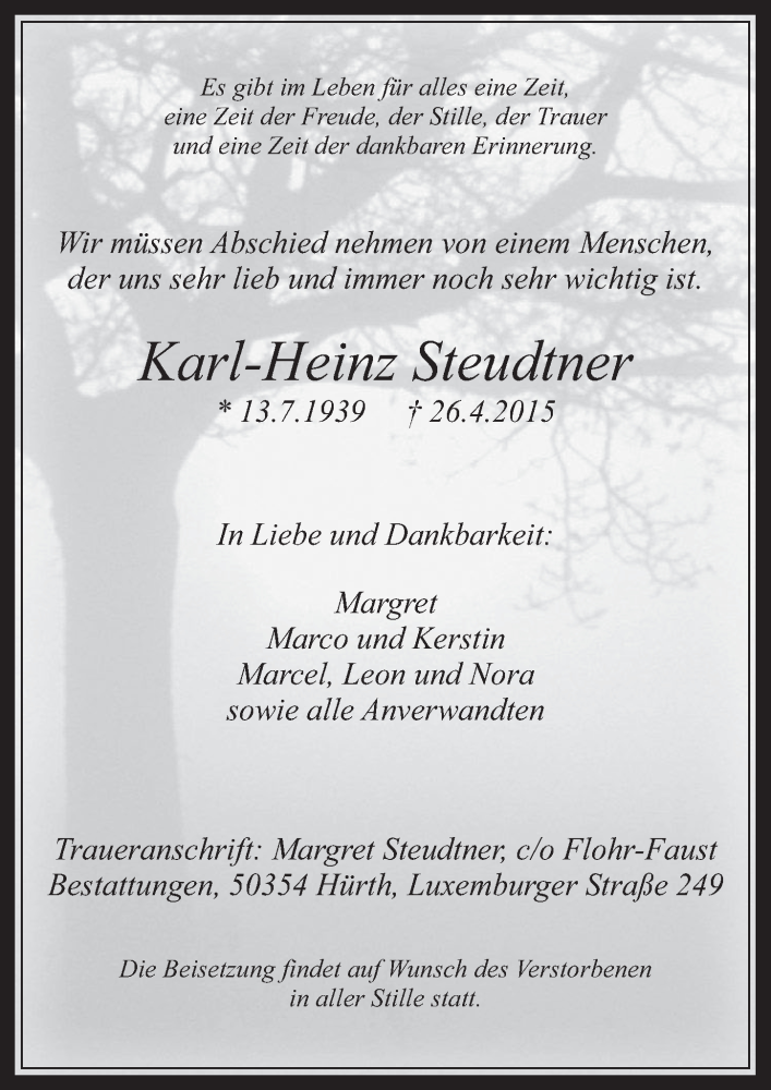  Traueranzeige für Karl-Heinz Steudtner vom 29.04.2015 aus  Wochenende 
