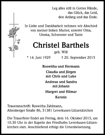 Anzeige von Christel Barthels von Kölner Stadt-Anzeiger / Kölnische Rundschau / Express