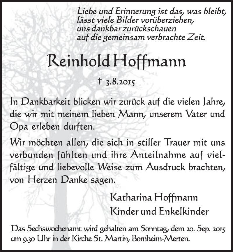  Traueranzeige für Reinhold Hoffmann vom 26.08.2015 aus  Schlossbote/Werbekurier 