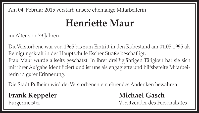  Traueranzeige für Henriette Maur vom 14.02.2015 aus  Sonntags-Post 