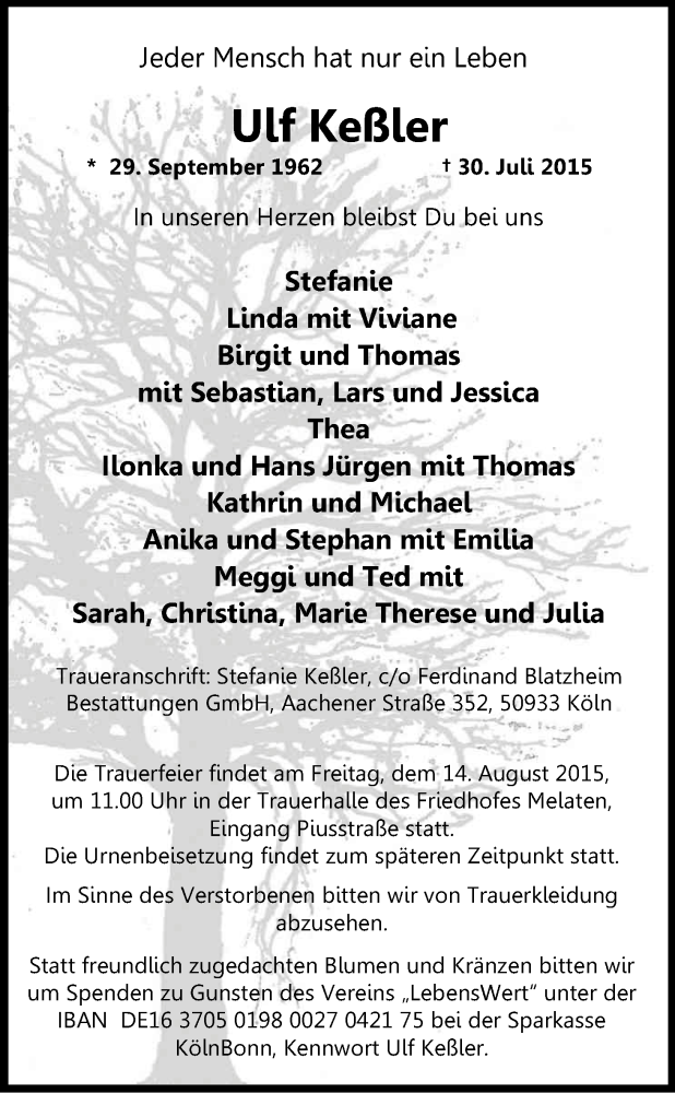  Traueranzeige für Ulf Keßler vom 08.08.2015 aus Kölner Stadt-Anzeiger / Kölnische Rundschau / Express