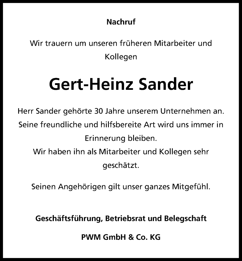  Traueranzeige für Gert-Heinz Sander vom 19.09.2015 aus Kölner Stadt-Anzeiger / Kölnische Rundschau / Express