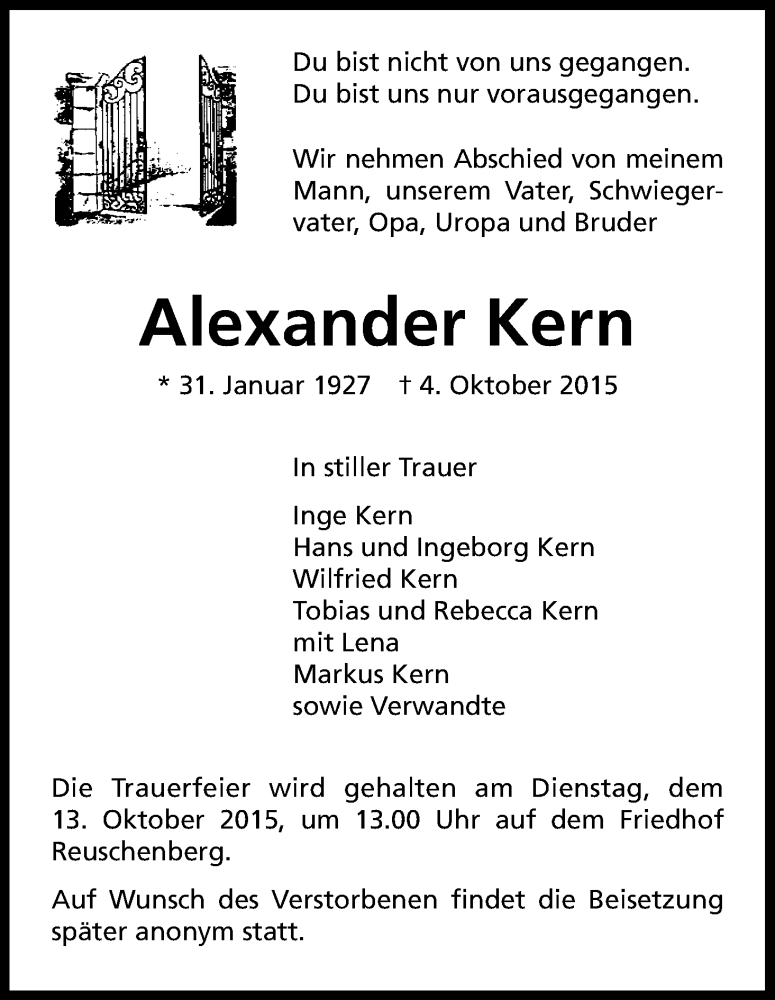  Traueranzeige für Alexander Kern vom 10.10.2015 aus Kölner Stadt-Anzeiger / Kölnische Rundschau / Express