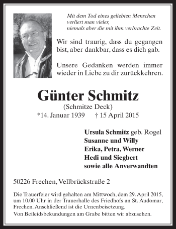 Anzeige von Günter Schmitz von  Wochenende 
