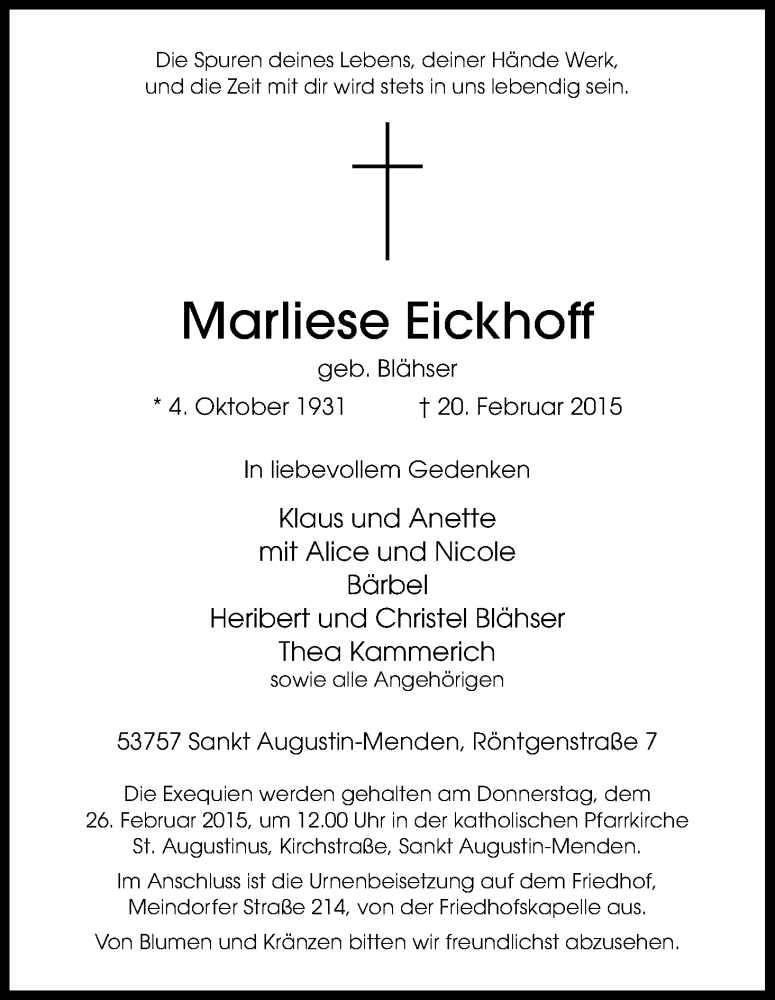  Traueranzeige für Marliese Eickhoff vom 25.02.2015 aus Kölner Stadt-Anzeiger / Kölnische Rundschau / Express