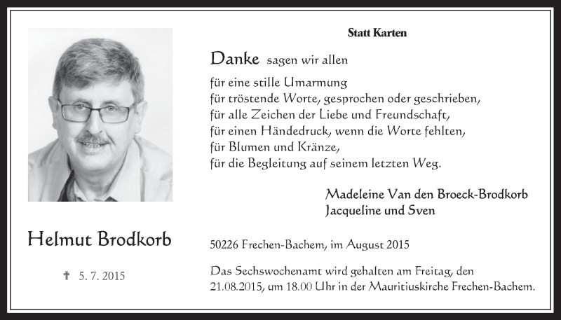  Traueranzeige für Helmut Brodkorb vom 12.08.2015 aus  Wochenende 