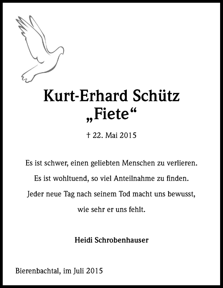  Traueranzeige für Kurt-Erhard Schütz vom 01.07.2015 aus Kölner Stadt-Anzeiger / Kölnische Rundschau / Express
