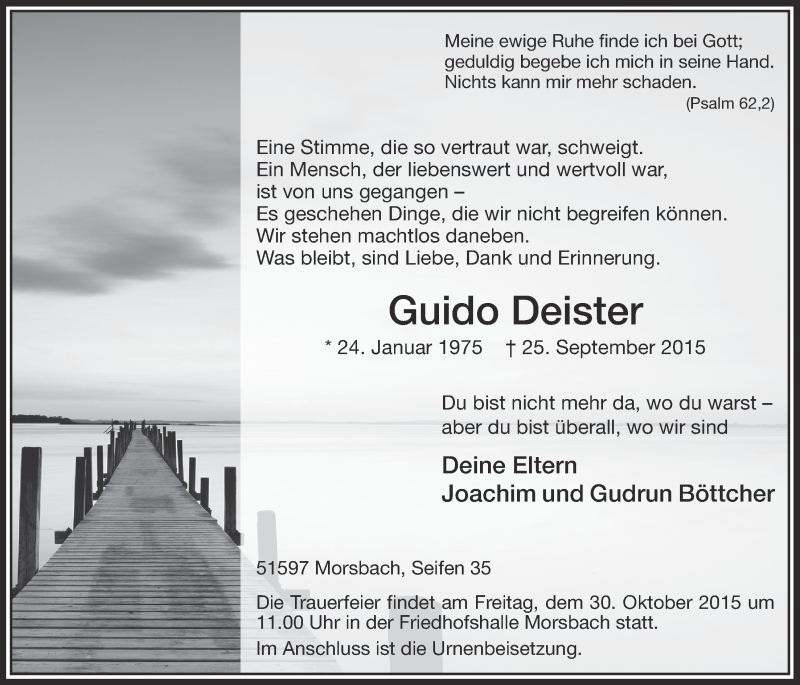  Traueranzeige für Guido Deister vom 28.10.2015 aus  Lokalanzeiger 