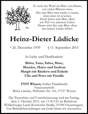 Anzeige von Heinz-Dieter Lüdicke von Kölner Stadt-Anzeiger / Kölnische Rundschau / Express