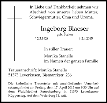 Anzeige von Ingeborg Blaeser von Kölner Stadt-Anzeiger / Kölnische Rundschau / Express