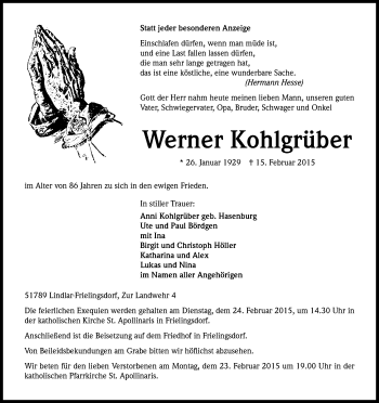 Anzeige von Werner Kohlgrüber von Kölner Stadt-Anzeiger / Kölnische Rundschau / Express