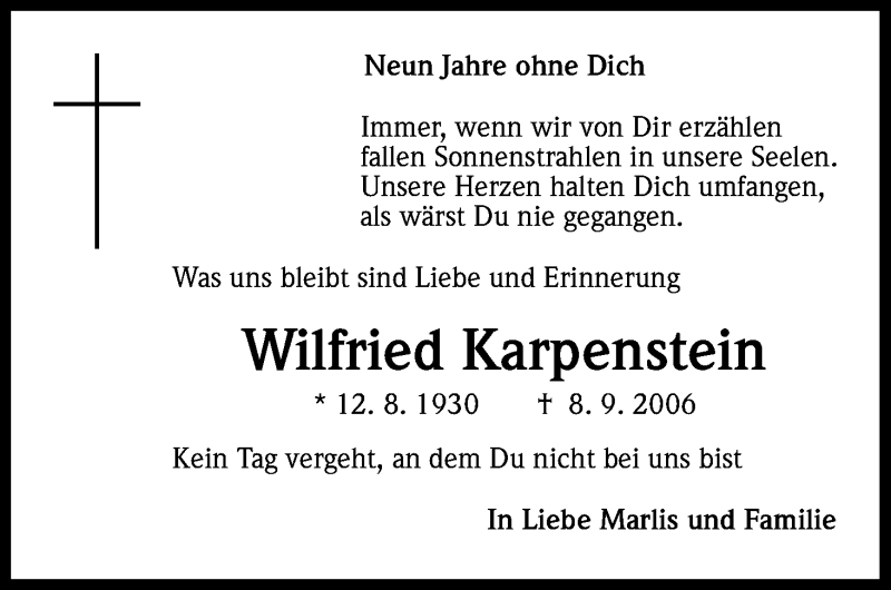  Traueranzeige für Wilfried Karpenstein vom 08.09.2015 aus Kölner Stadt-Anzeiger / Kölnische Rundschau / Express