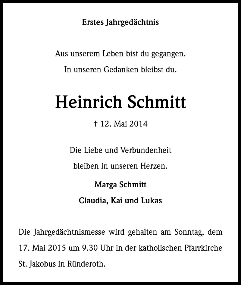  Traueranzeige für Heinrich Schmitt vom 12.05.2015 aus Kölner Stadt-Anzeiger / Kölnische Rundschau / Express