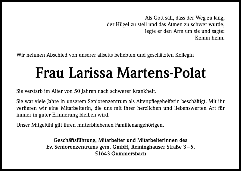  Traueranzeige für Larissa Martens-Polat vom 24.10.2015 aus Kölner Stadt-Anzeiger / Kölnische Rundschau / Express