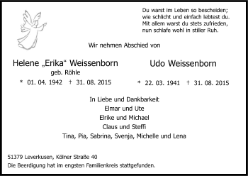 Anzeige von Helene und Udo Weissenborn von Kölner Stadt-Anzeiger / Kölnische Rundschau / Express