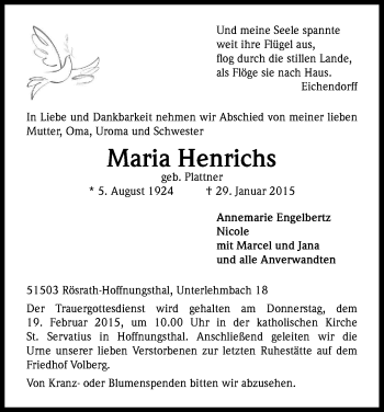 Anzeige von Maria Henrichs von Kölner Stadt-Anzeiger / Kölnische Rundschau / Express