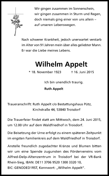 Anzeige von Wilhelm Appelt von Kölner Stadt-Anzeiger / Kölnische Rundschau / Express