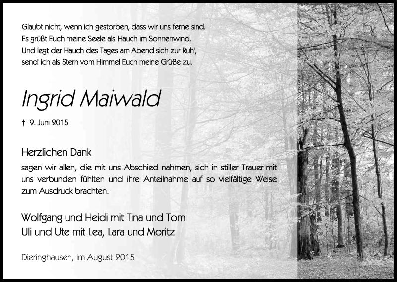  Traueranzeige für Ingrid Maiwald vom 01.08.2015 aus Kölner Stadt-Anzeiger / Kölnische Rundschau / Express