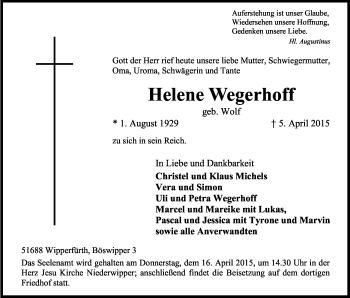 Anzeige von Helene Wegerhoff von Kölner Stadt-Anzeiger / Kölnische Rundschau / Express