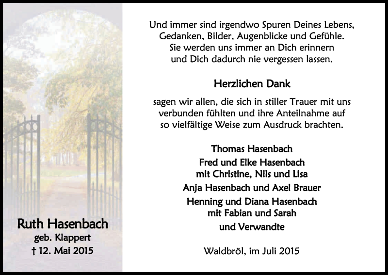  Traueranzeige für Ruth Hasenbach vom 18.07.2015 aus Kölner Stadt-Anzeiger / Kölnische Rundschau / Express