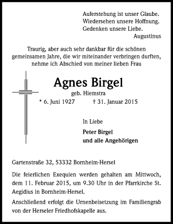 Anzeige von Agnes Birgel von Kölner Stadt-Anzeiger / Kölnische Rundschau / Express