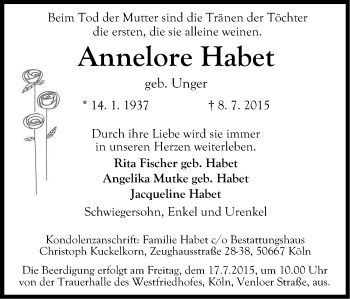 Anzeige von Annelore Habet von Kölner Stadt-Anzeiger / Kölnische Rundschau / Express