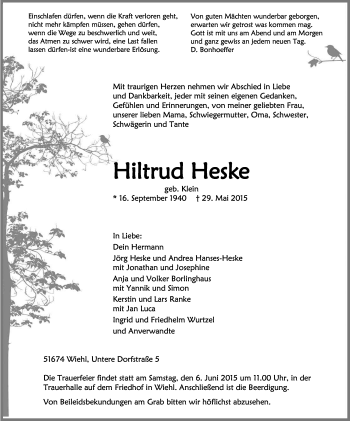 Anzeige von Hiltrud Heske von Kölner Stadt-Anzeiger / Kölnische Rundschau / Express