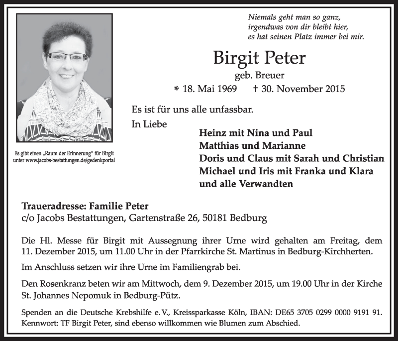  Traueranzeige für Birgit Peter vom 05.12.2015 aus  Sonntags-Post 
