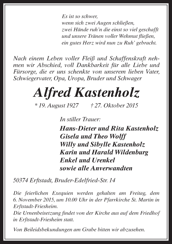  Traueranzeige für Alfred Kastenholz vom 04.11.2015 aus  Werbepost 