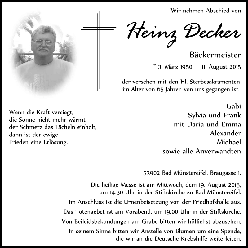  Traueranzeige für Heinz Decker vom 15.08.2015 aus Kölner Stadt-Anzeiger / Kölnische Rundschau / Express