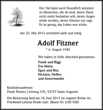 Anzeige von Adolf Fitzner von Kölner Stadt-Anzeiger / Kölnische Rundschau / Express