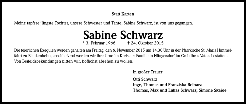 Traueranzeige für Sabine Schwarz vom 02.11.2015 aus Kölner Stadt-Anzeiger / Kölnische Rundschau / Express
