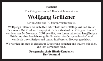 Anzeige von Wolfgang Grützner von  Wochenende 