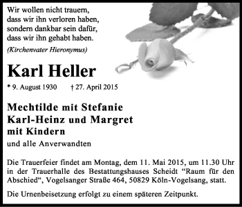 Anzeige von Karl Heller von Kölner Stadt-Anzeiger / Kölnische Rundschau / Express